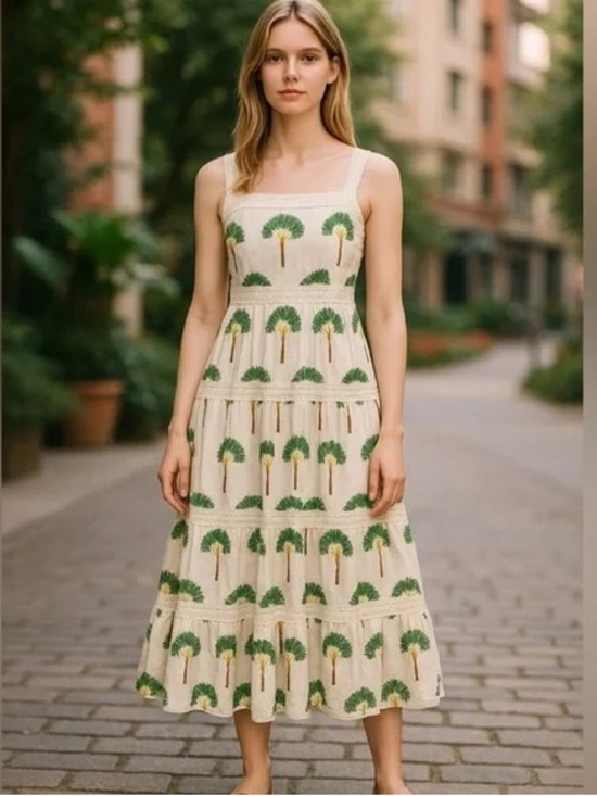 Calypso St. Barth Dresses & Skirts - Calypso St. Barth Cream Midi Dress with Green Palm Motif